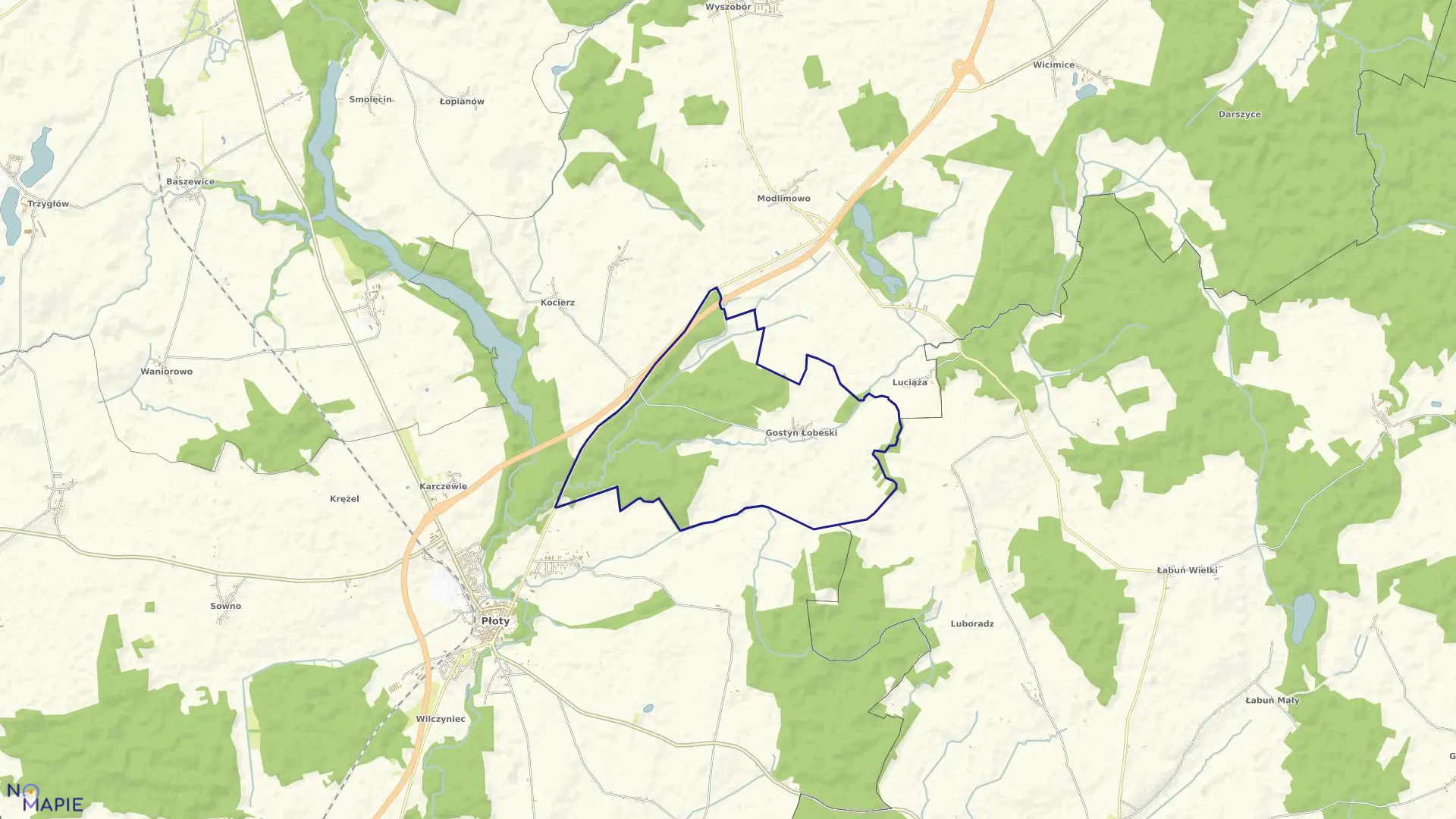 Mapa obrębu Gostyń Łobeski w gminie Płoty