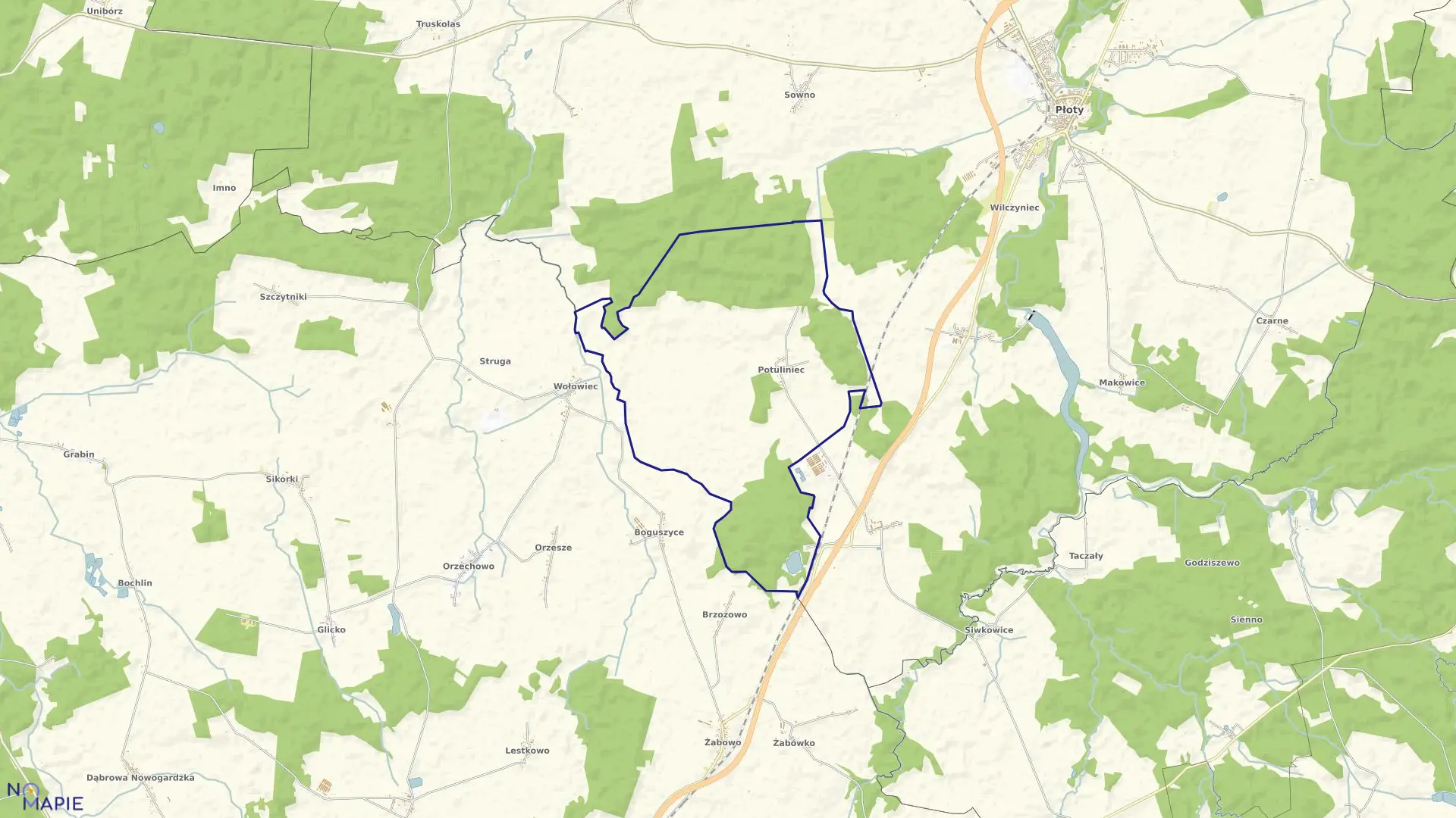 Mapa obrębu Potuliniec w gminie Płoty